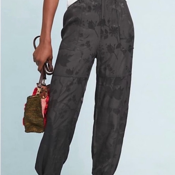 Anthropolie Black Satin Flower Embossed Pants - Picture 8 of 10